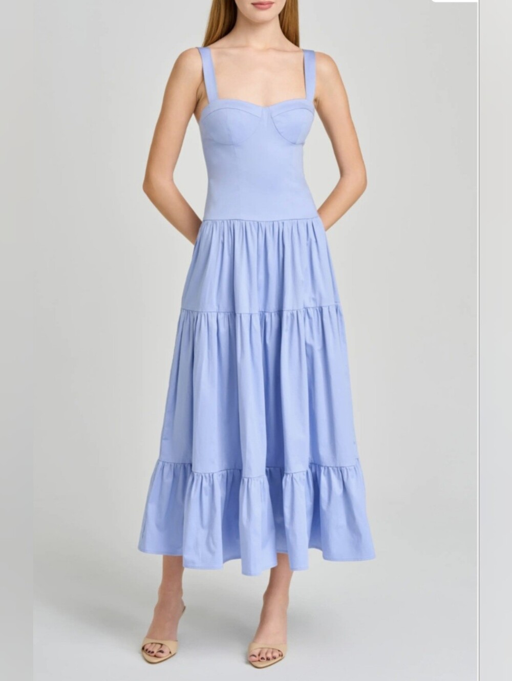 WAYF Melinda Sweetheart Neck Midi Dress  Blue XS Smocked Back